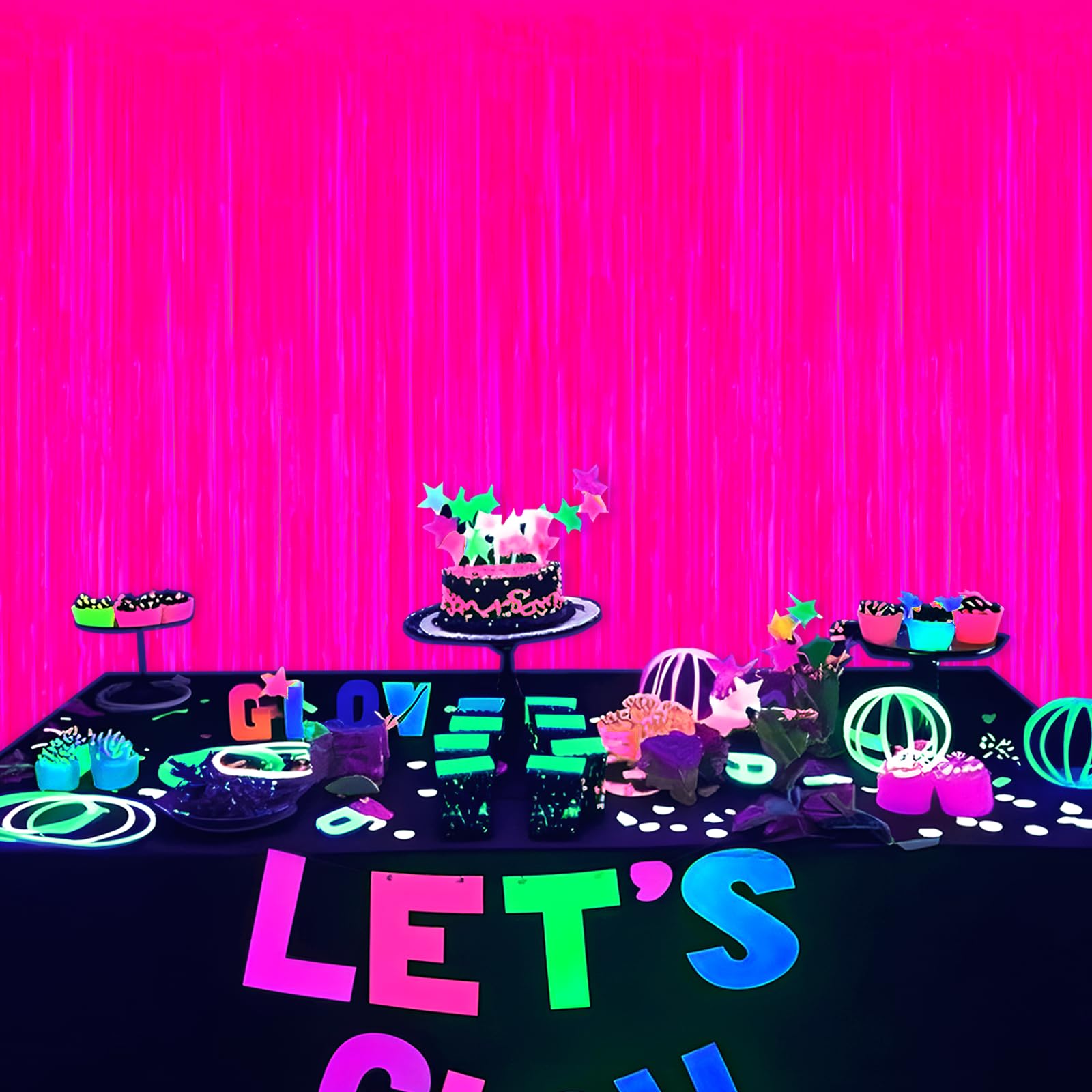 Mega-L - Suministros de fiesta que brillan en la oscuridad, paquete de 10 decoraciones de fiesta de neón de 3.2 x 6.5 pies, cortinas fluorescentes de oropel de papel de aluminio, decoración de fiesta