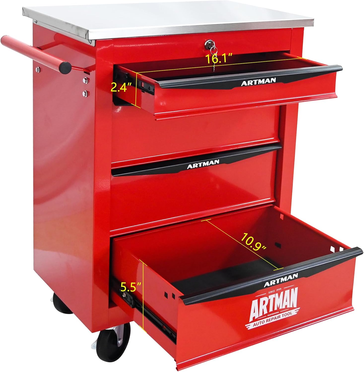 RYH 4/5/6/7 Drawers Rolling Tool Chest -Heavy Duty Mobile Metal Tool Box with Locking Wheels, with Stainless Steel Worktop, Garage Tool Storage Cabinet (Red, 4-Drawers 30.7" H×22.2" W)