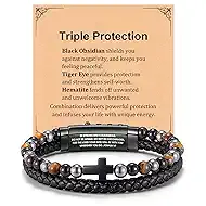 VNOX Cross Bracelet Christian Gifts for Men - 3 in 1 Triple Protection Hematite Black Obsidian Tiger Eye Rosary Beads Leather Bracelets Valentines Day Birthday Jewelry Gift for Boyfriend Husband Son