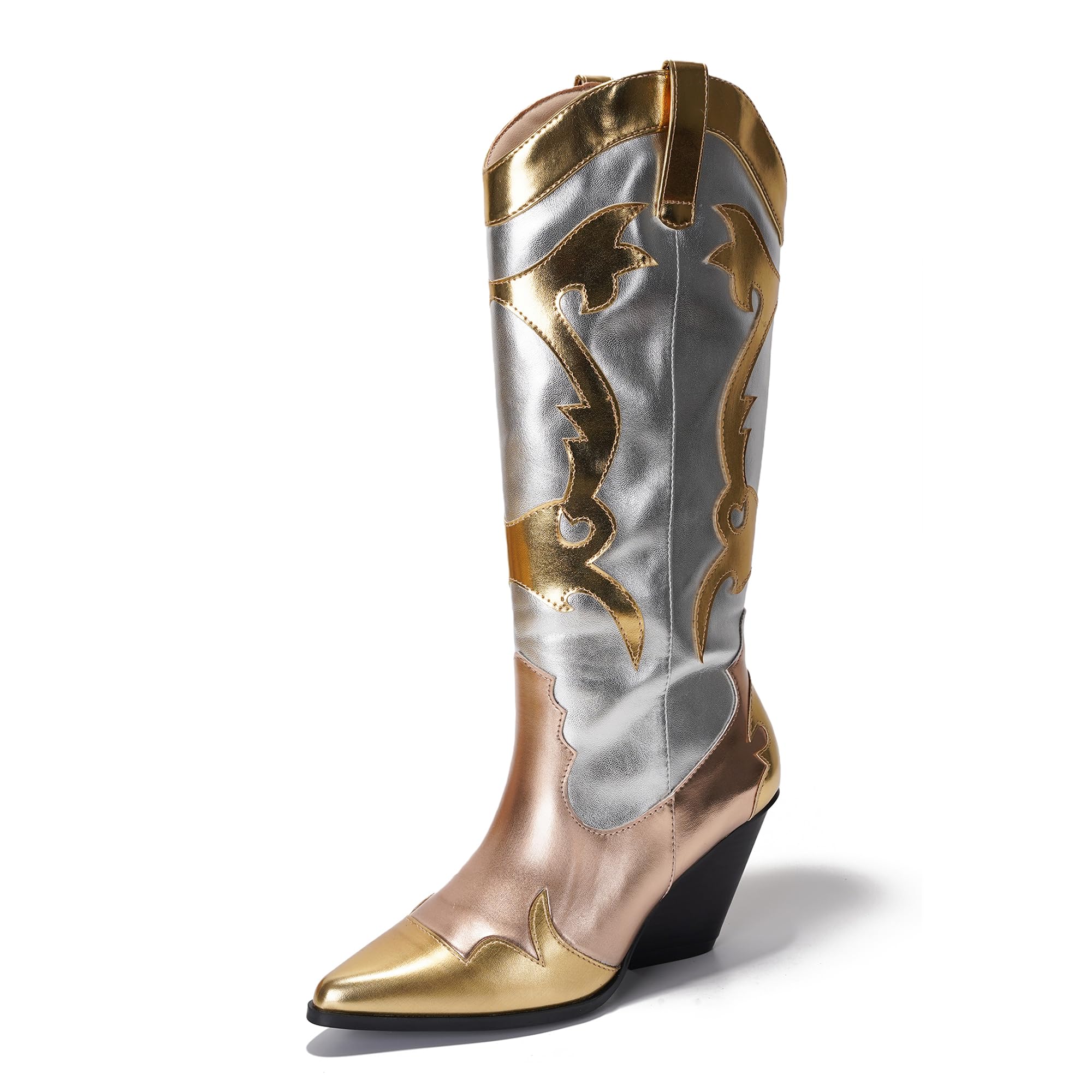 Cape Robbin Women's Metallic Colorblock Cowboy Boots Mid Calf 3 Inch Heel - Multicolor Western Boots with Pointed Toe & Comfort Footbed (Juliana)