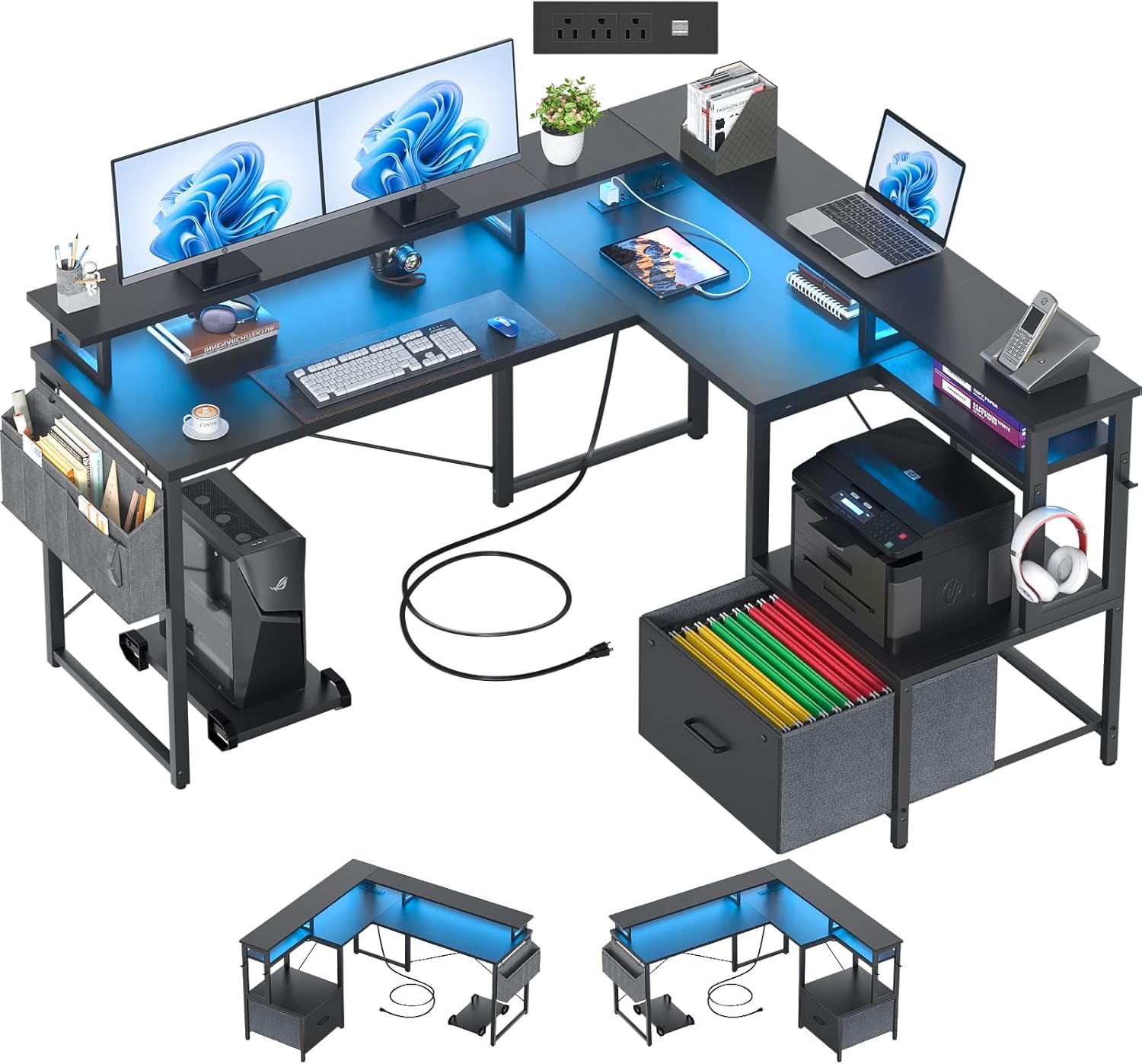 Cyclysio L Shaped Desk with File Drawer, Computer Desk with Recessed