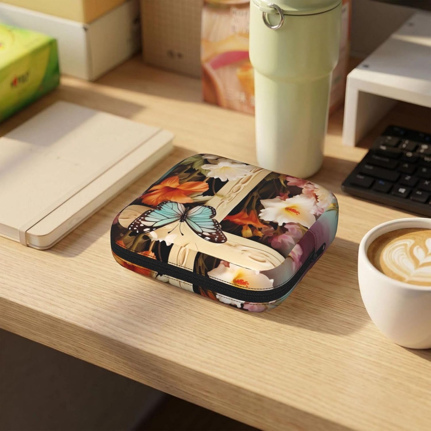 Period Bag Pouch for Women,Sanitary Napkin Storage Bag Portable Period Pad Pouch Small Make Up Bags Flower Branches On The Cross Tampon Holder For Purse Travel Daily Use image 5