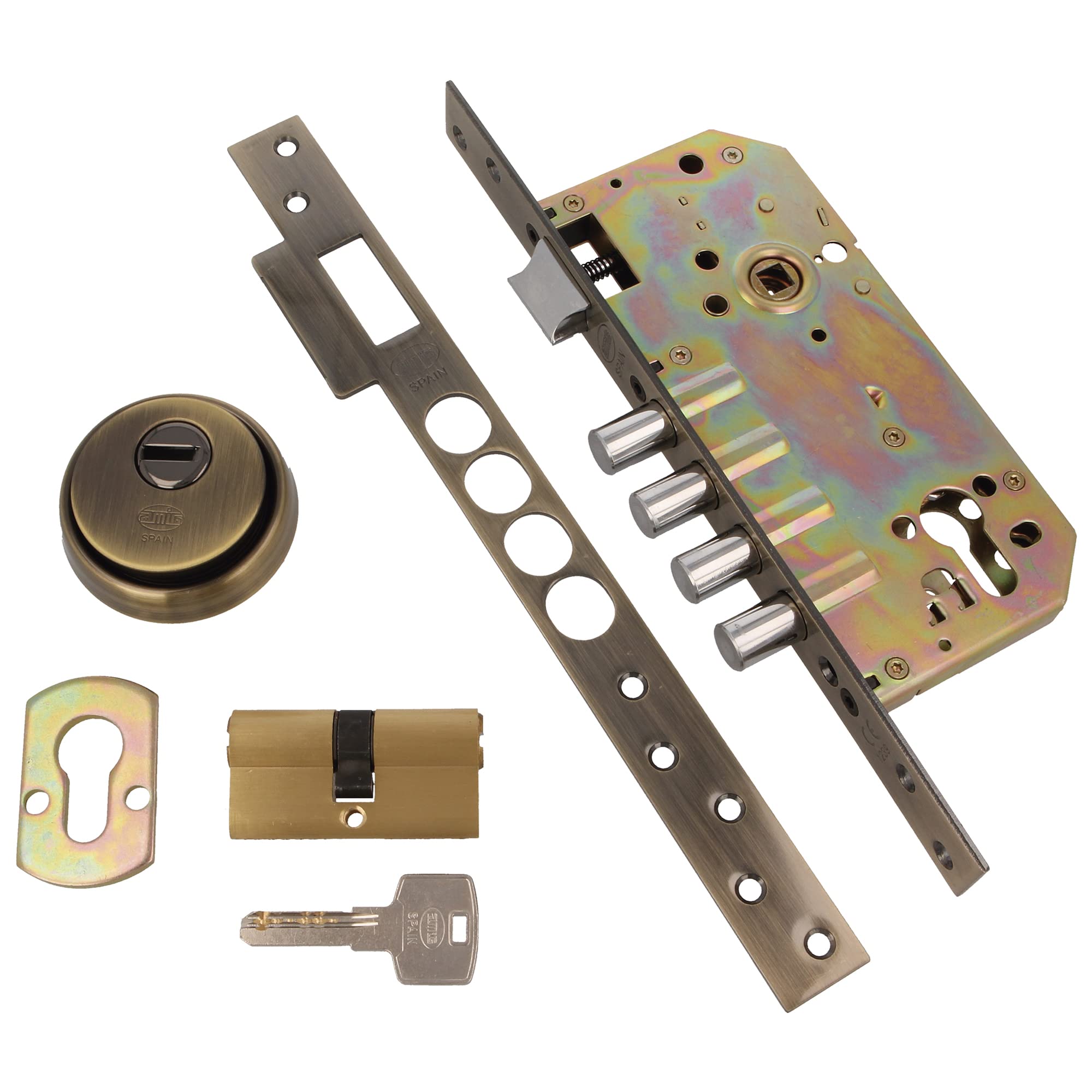Amig - Cerradura de Embutir Con Bulones para Puertas de Madera Mod. 100-50/85 mm - Con Cilindro y Escudo de Seguridad - Picaporte Reversible - Acero Efecto Cuero