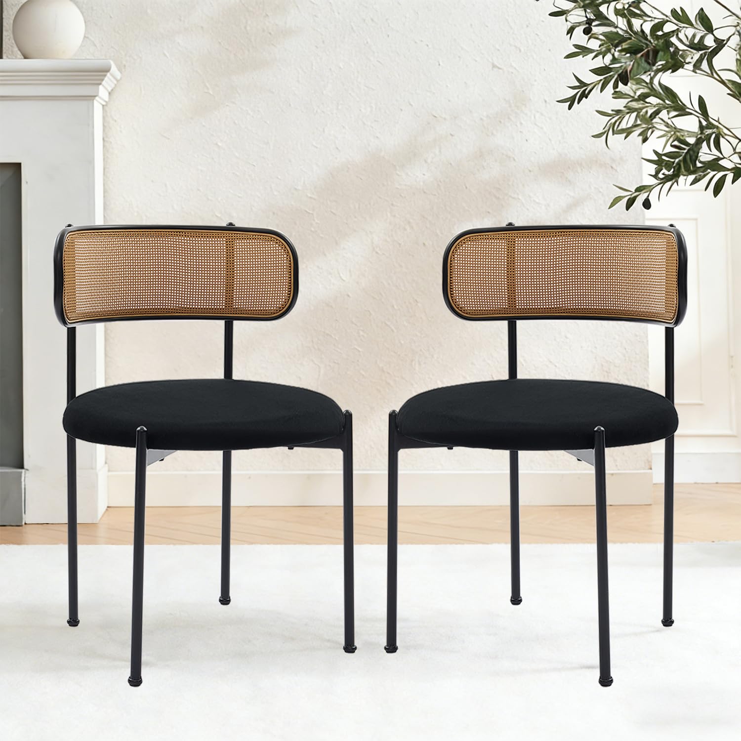 Stabrech Black Rattan Dining Chairs Set of 2, Mid-Century Modern Chair with Boucle, Kitchen Dining Room Chairs for Living Room with Metal Legs, Round