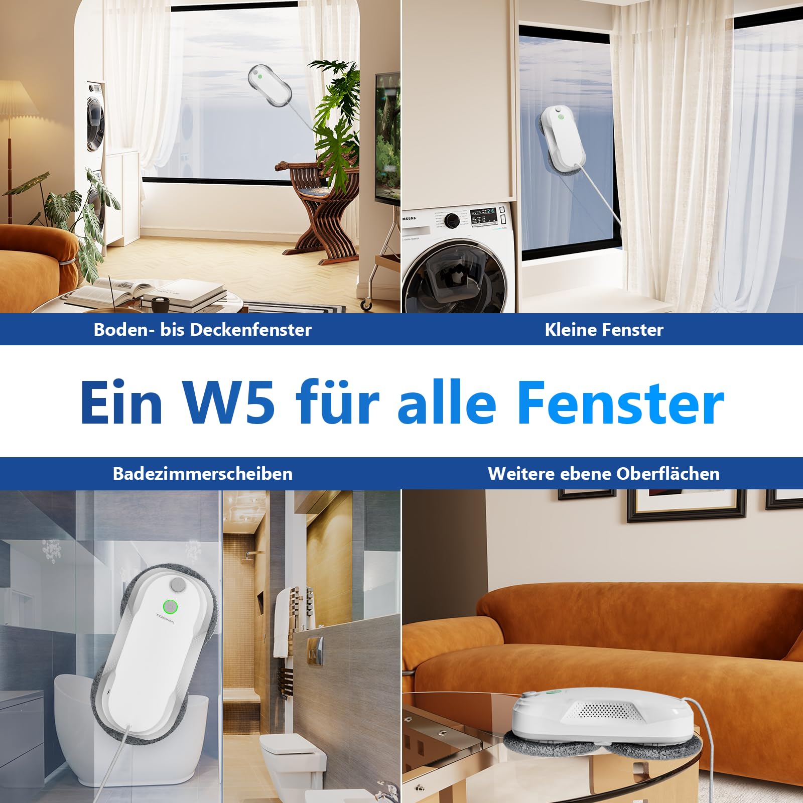 Tosima W5 Fensterputzroboter mit bidirektionalem Ultraschall-Nebelsprühfunktion, 6400Pa adaptiver Saugkraft und intelligenter Kantenerkennung für gründliche Fensterreinigung, 2026 verbesserte Version