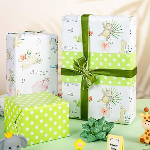 Miniatura 2 de Burymento Papel de regalo de animales, diseño reversible de lunares, envoltura de regalo para baby shower, cumpleaños, San Valentín, día de la
