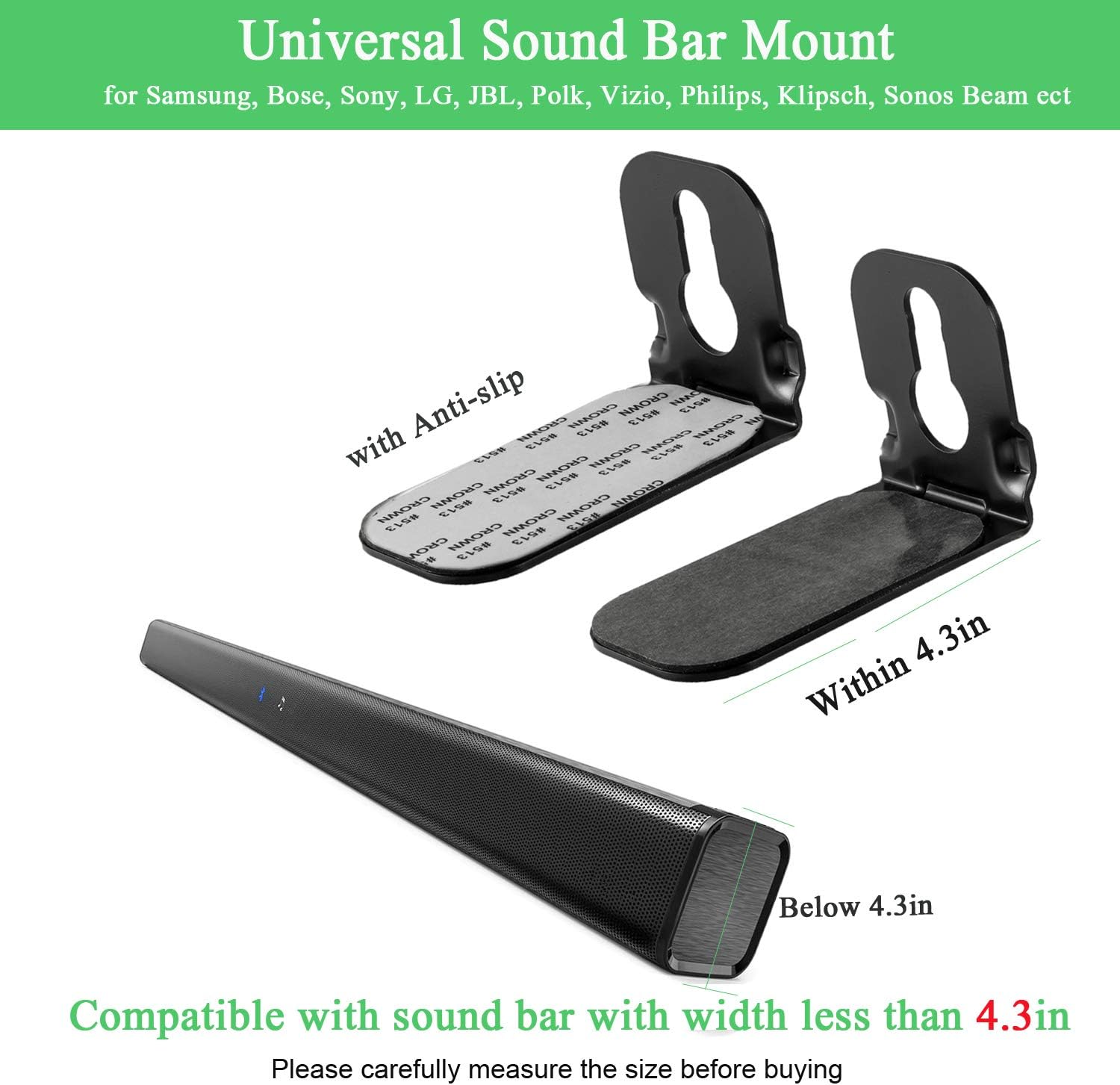 Hottest Sale Universal Sound Bar Mount Bracket Wall Mounting for Samsung, Bose, Sony, LG, JBL, Polk, Vizio, Philips, Klipsch, Sonos Beam, AmazonBasics 2.1 Channel Bluetooth Sound Bar with Hardware Kit Hot Deals Universal Sound Bar Mount Bracket Wall Mounting for Samsung, Bose, Sony, LG, JBL, Polk, Vizio, Philips, Klipsch, Sonos Beam, AmazonBasics 2.1 Channel Bluetooth Sound Bar with Hardware Kit