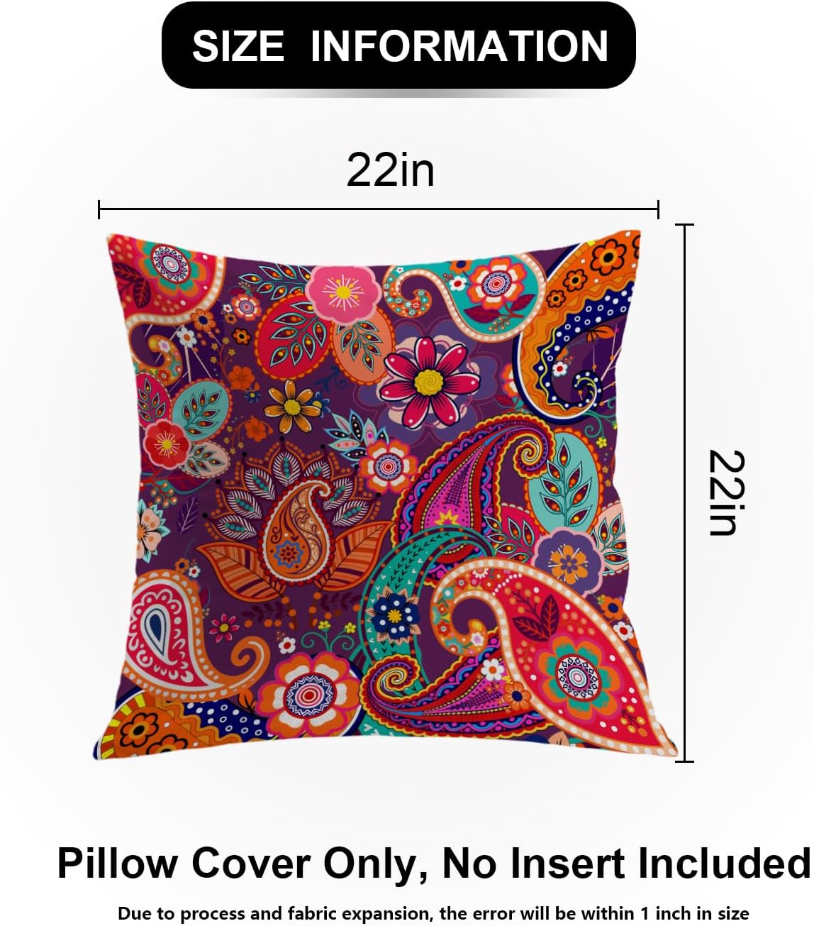 Shrahala Red Paisley Indian Decorative Pillow Covers, Chinese Colorful Flowers Pattern Floral Ethnic Indian Asian Cushion Case Sofa Bedroom Throw Pillow Covers Square 22 x 22 inches Red, Set of 2