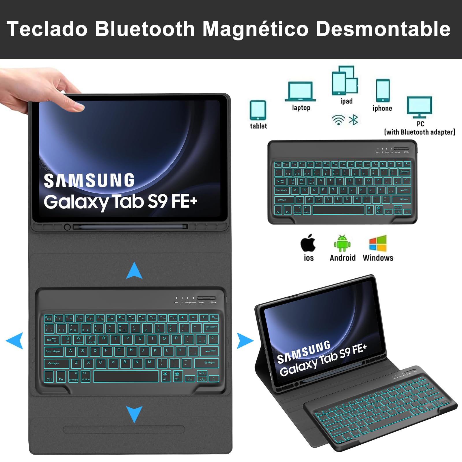 FOGARI Teclado para Samsung Tab S10+ 12.4" 2025/S9 FE Plus/S9+ 12.4" 2023, Funda con Español Ñ Teclado Retroiluminado Bluetooth Magnético Desmontable para Samsung Galaxy Tab S10+ 12.4", Negro