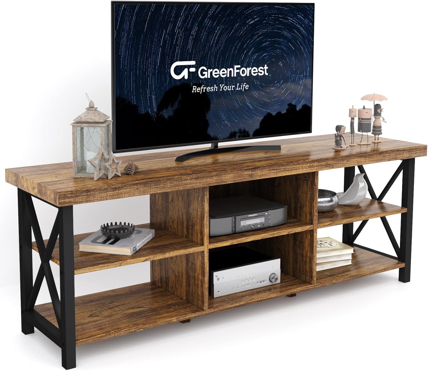 GreenForest TV Stand for TV up to 65 inches, Entertainment Center with 6 Storage Cabinet for Living Room, 55 inch Farmhouse Television Stands Console Table, TV Stands for Living Room, Walnut