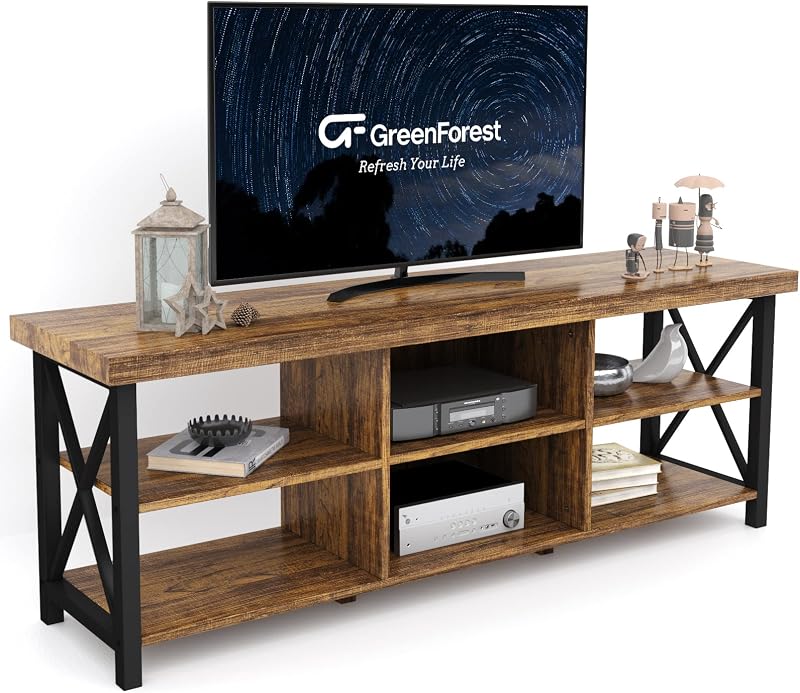 GreenForest TV Stand for 65 in TV, 55" Entertainment Center for Living Room | X-Shape Frame Holds 200 lbs, 6 Storage Cabinets, Farmhouse Industrial Style Table, Cable Management, Easy Assembly, Walnut