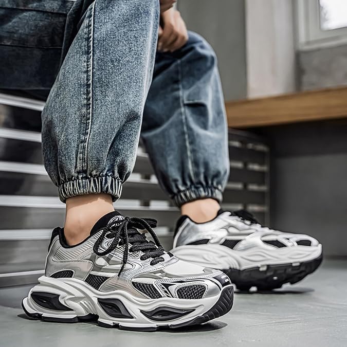 Men's Lace up Mesh Round Toe Sports Shoes Shock-Absorbing Wear-Resistant Fashionable Walking Leisure Shoes