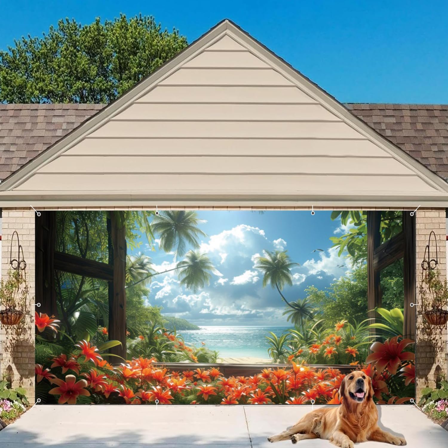 7x16ft Hawaii Seaside Beach Garage Door Decorations Tropical Palm Trees Window Scene Large Summer Banner for Double Garage Door Luau Scenery Garage Door Cover for Outdoor Beach Party