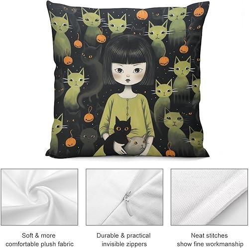 Miniatura 6 de Funda de cojín de 24 x 24 pulgadas, gatos negros y niñas, para exteriores, decoración moderna, decoración de Halloween, otoño, cojines decorativos