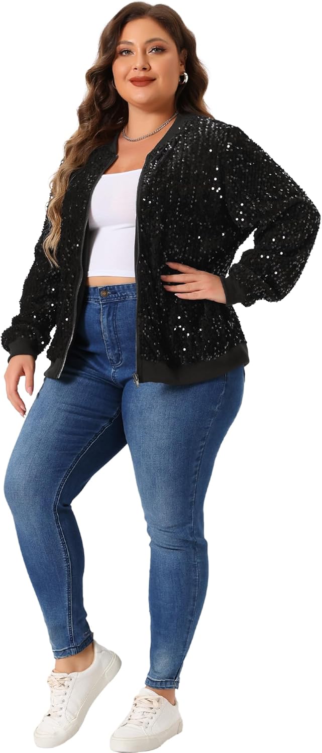 Agnes Orinda Plus Size Sequin Jackets for Women Sparkle Long Sleeve Front Zip Bomber Jacket with Pockets 2X Black - Image 3