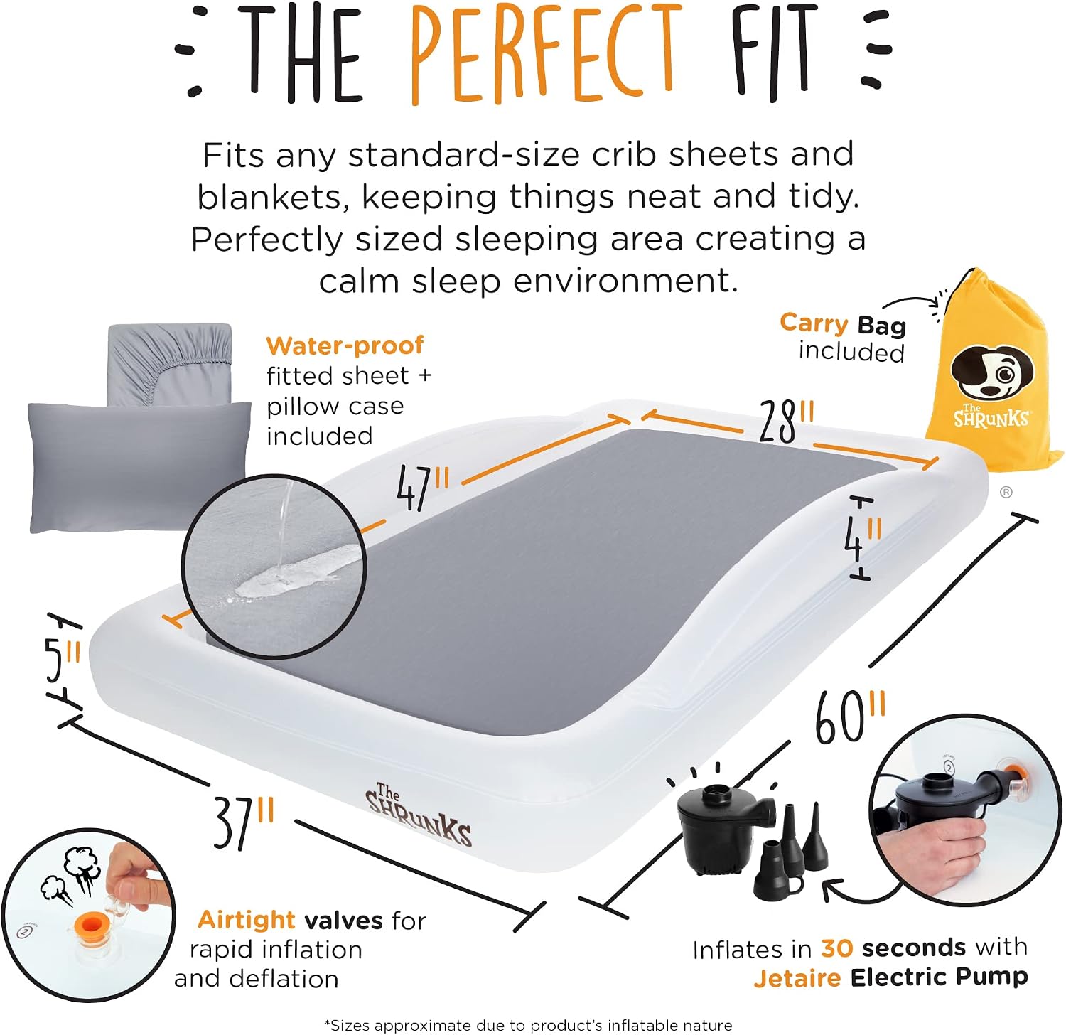 The Shrunks Toddler Inflatable Travel Bed with Waterproof Tencel Sheet & Pillowcase | Portable Air Mattress Blow Up Travel Bed with Security Bed Rails and Electric Pump - Toddler Floor Bed