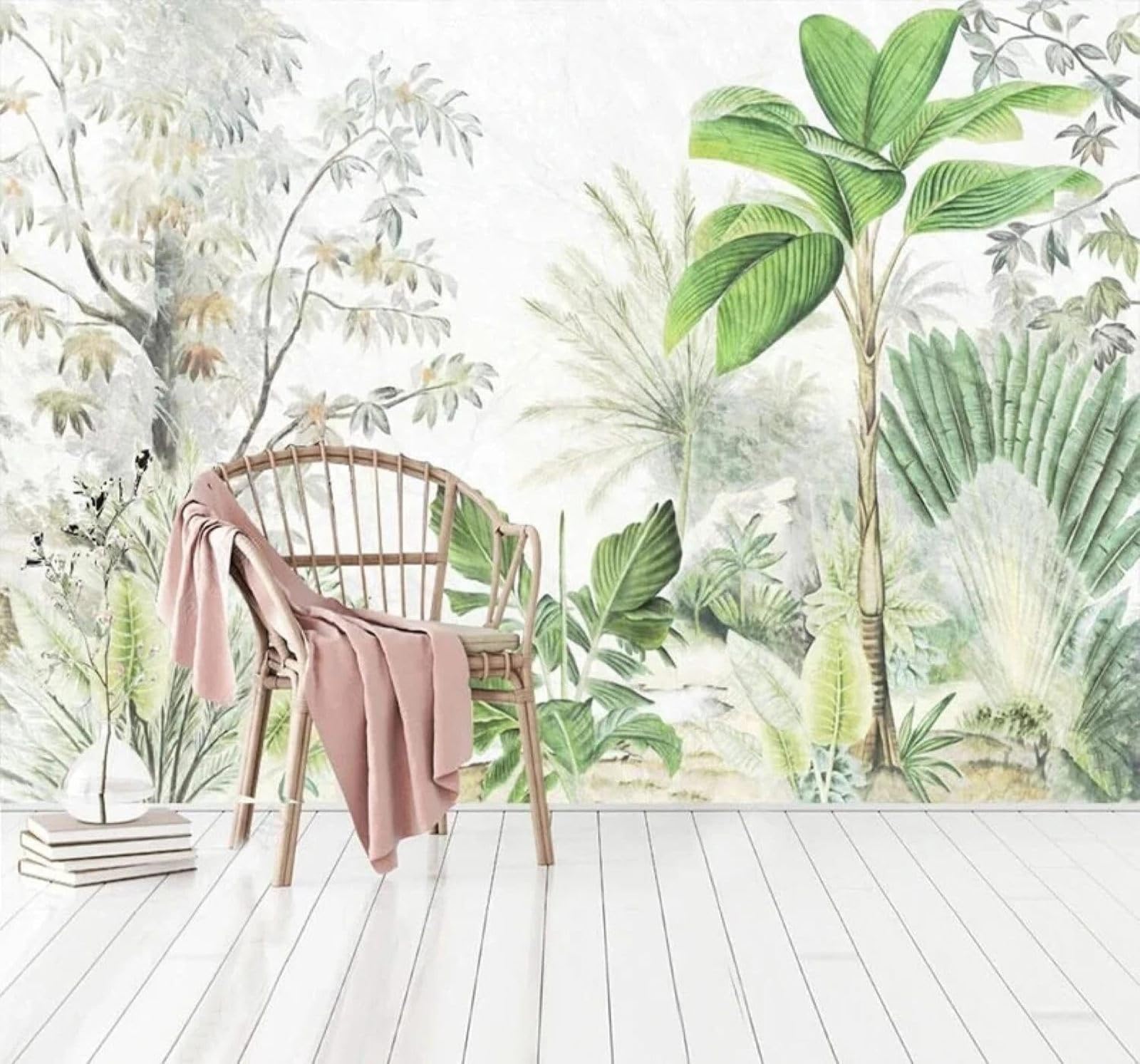 XLMING Fresh Hand Drawn Green Jungle Plants 3D Wallpaper Silky Texture Home Study Office Grey Dining Room Sofa Bedroom Living Room TV Backdrop-300cm×210cm