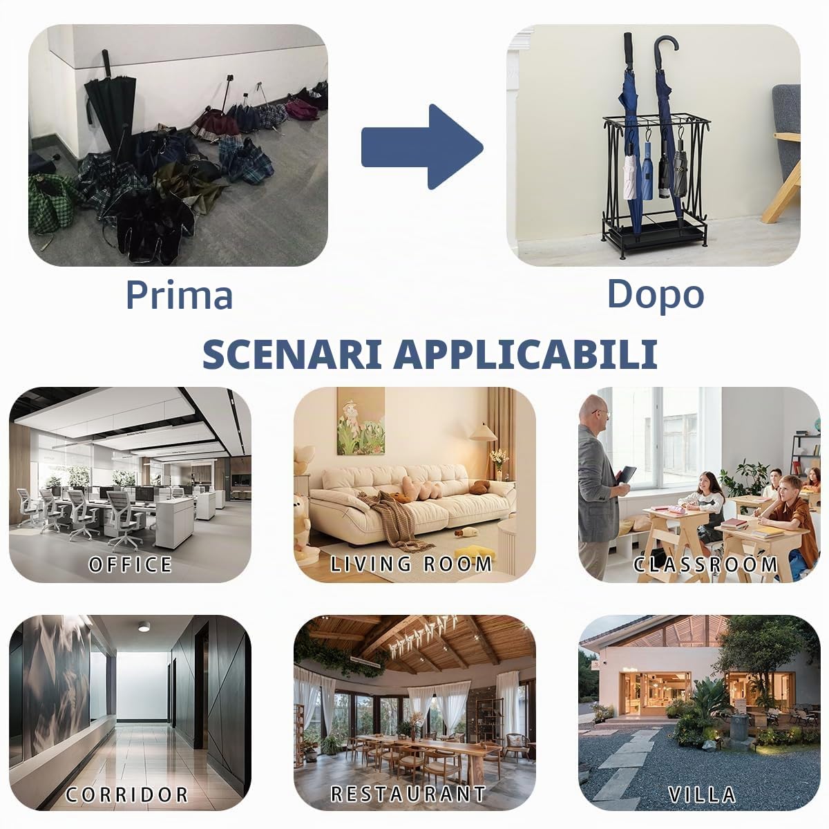Portaombrelli da Interno, Salvaspazio Porta Ombrelli per Esterno, Portaombrelli Design Moderno per Casa, Grande, Metallo, Nero, Rettangolari