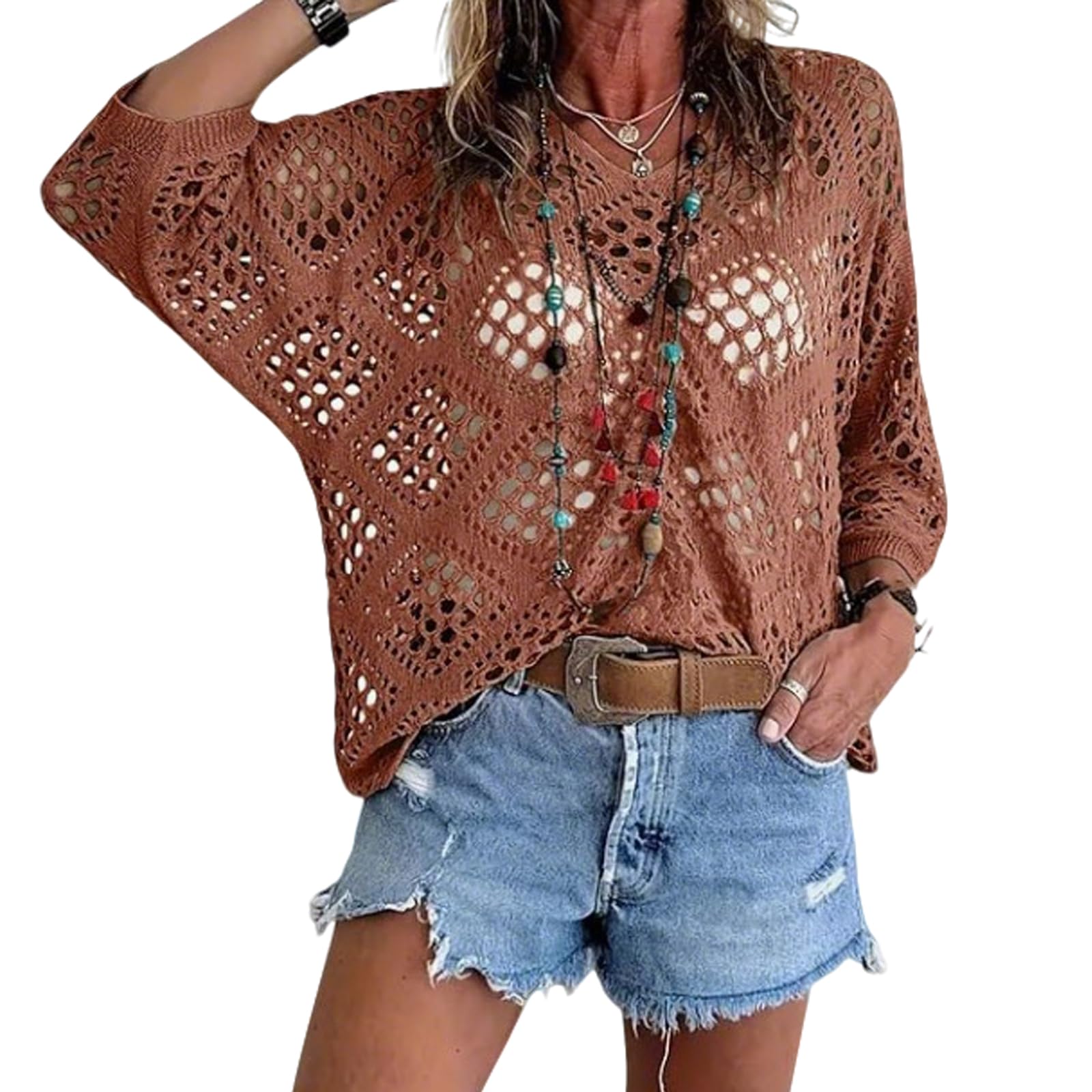 Generico Women's Bohemian-Inspired Beige Crochet Top with V-Neck Bohemian Crochet Tops for Women