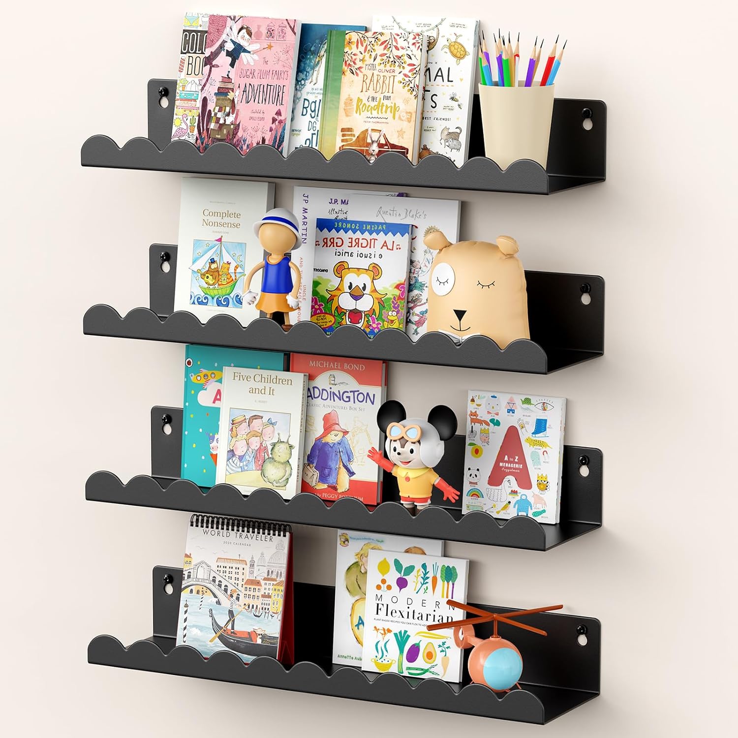 Nursery Book Shelves 17 Inch Metal Floating Shelves for Wall 4 Pack Scalloped Shelves Wall Mounted Book Shelf