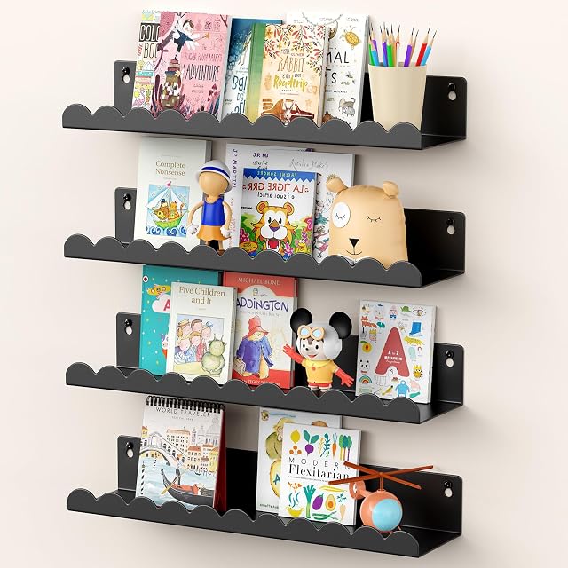 Nursery Book Shelves 17 Inch Metal Floating Shelves for Wall 4 Pack Scalloped Shelves Wall Mounted Book Shelf