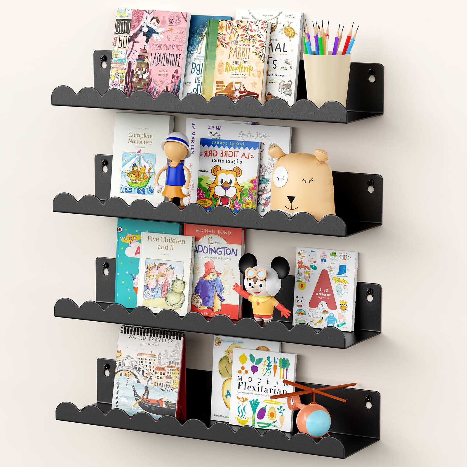 Nursery Book Shelves 17 Inch Metal Floating Shelves for Wall 4 Pack Scalloped Shelves Wall Mounted Book Shelf