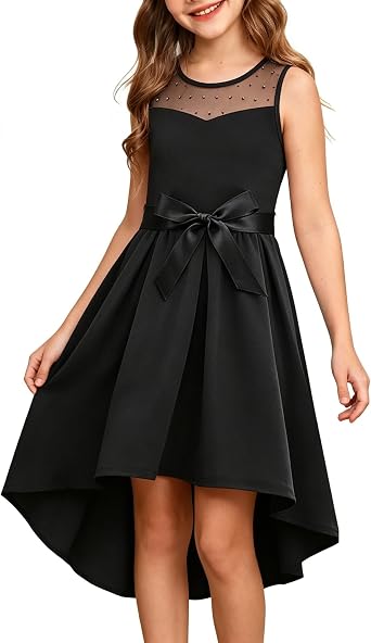 Girls Formal Flower Girl Dress Party Wedding Satin Constrast Mesh Cute High Low Bridesmaid Dresses 5-12 Years