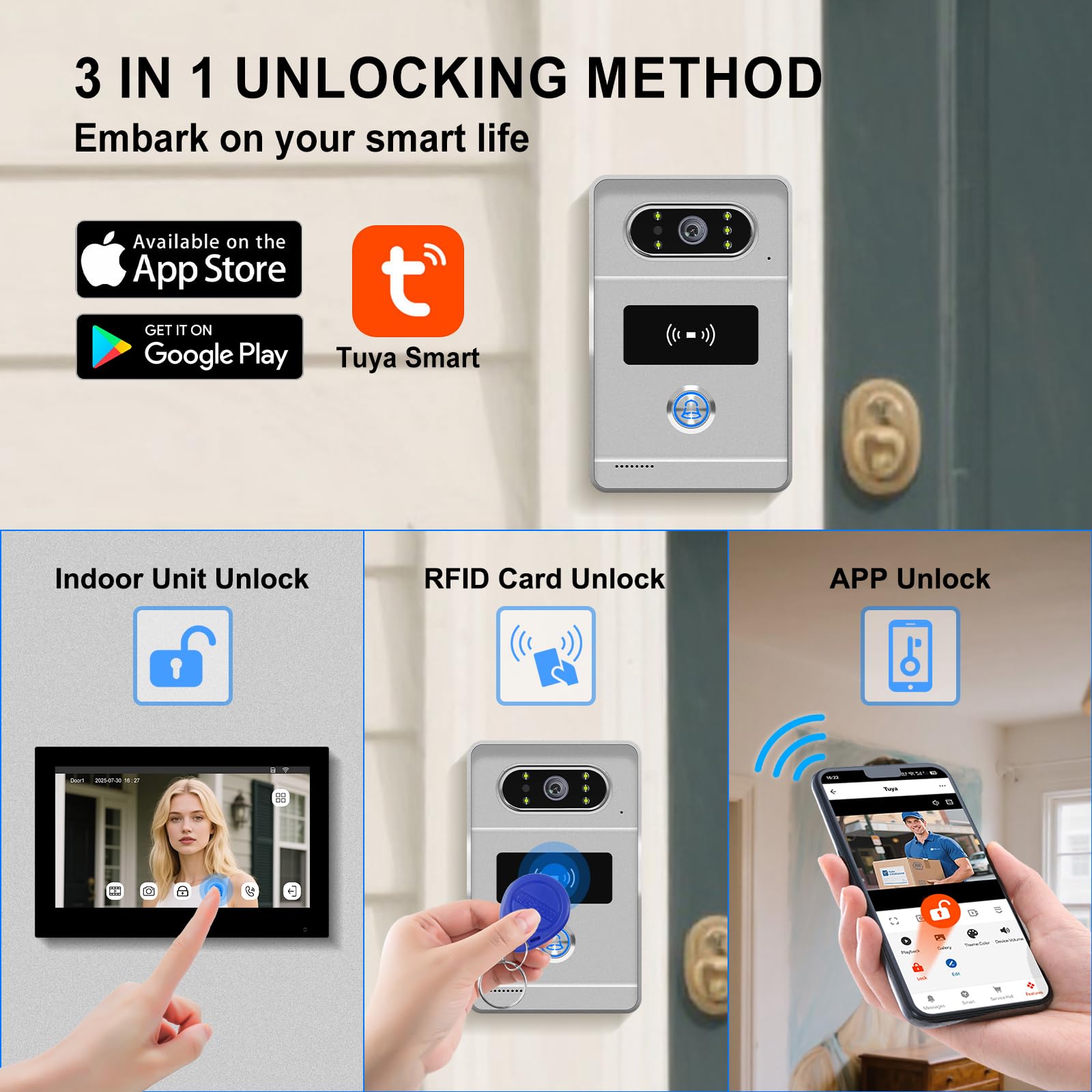 "FTes RFKits 2 Fili AHD1080P Videocitofono Intelligente,Tuya WiFi IPS 7‘’ Videocitofono Porta, Sblocco RFID,Impermeabile IP65, Visione Notturna"