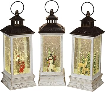 Winter Holiday Scene Spinning Glitter Water Lanterns - Automatic Snow Globes with Timer, Set of 3, White Bronze2