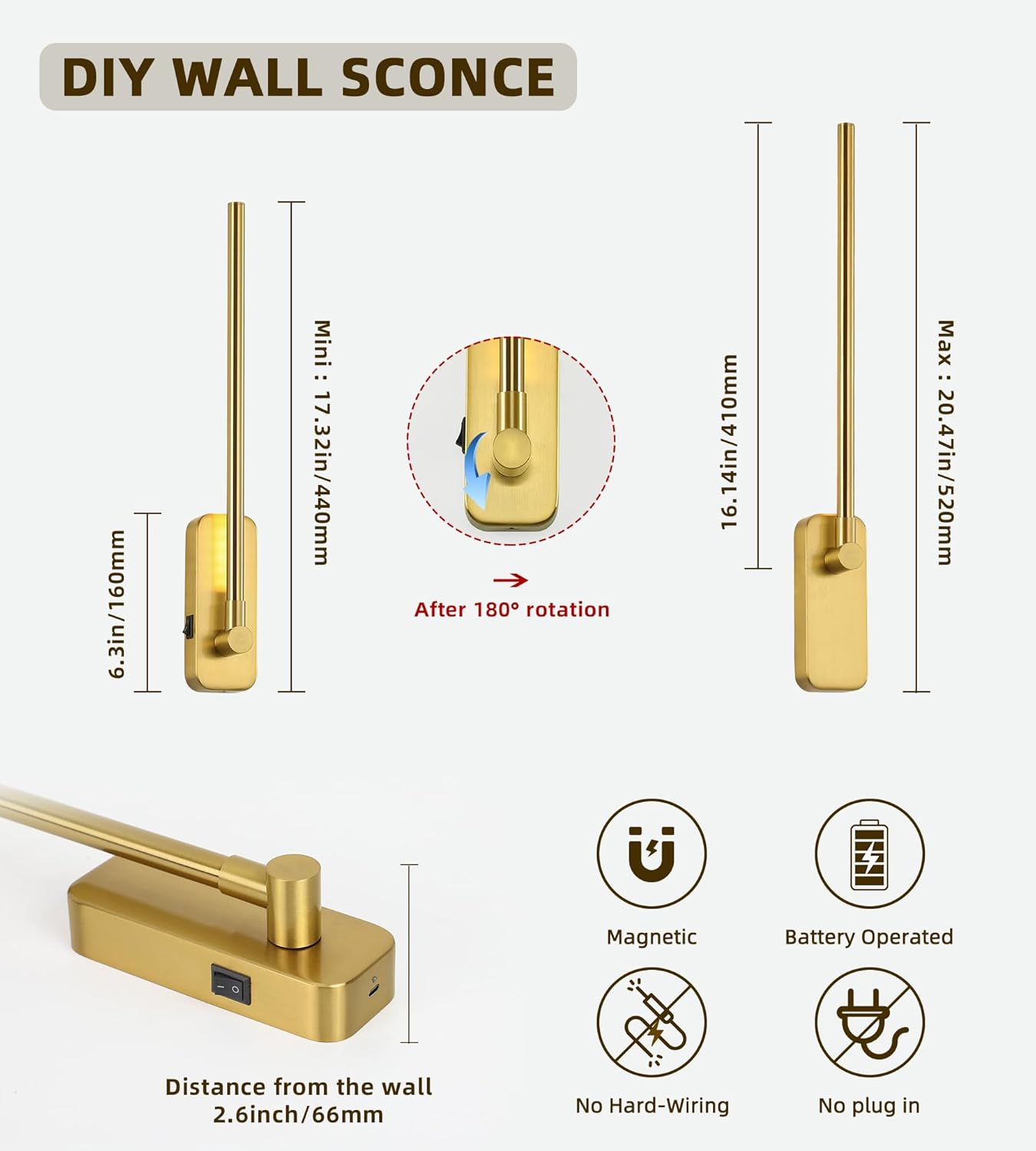 Wireless Wall Sconces Set of 2, Rechargeable Swing Arm Lights with 3 CCT-Dimmable Options, Battery Powered Cordless Wall Lamp for Living Room, Hallway, Bedroom - 17.32" Long Brass Gold