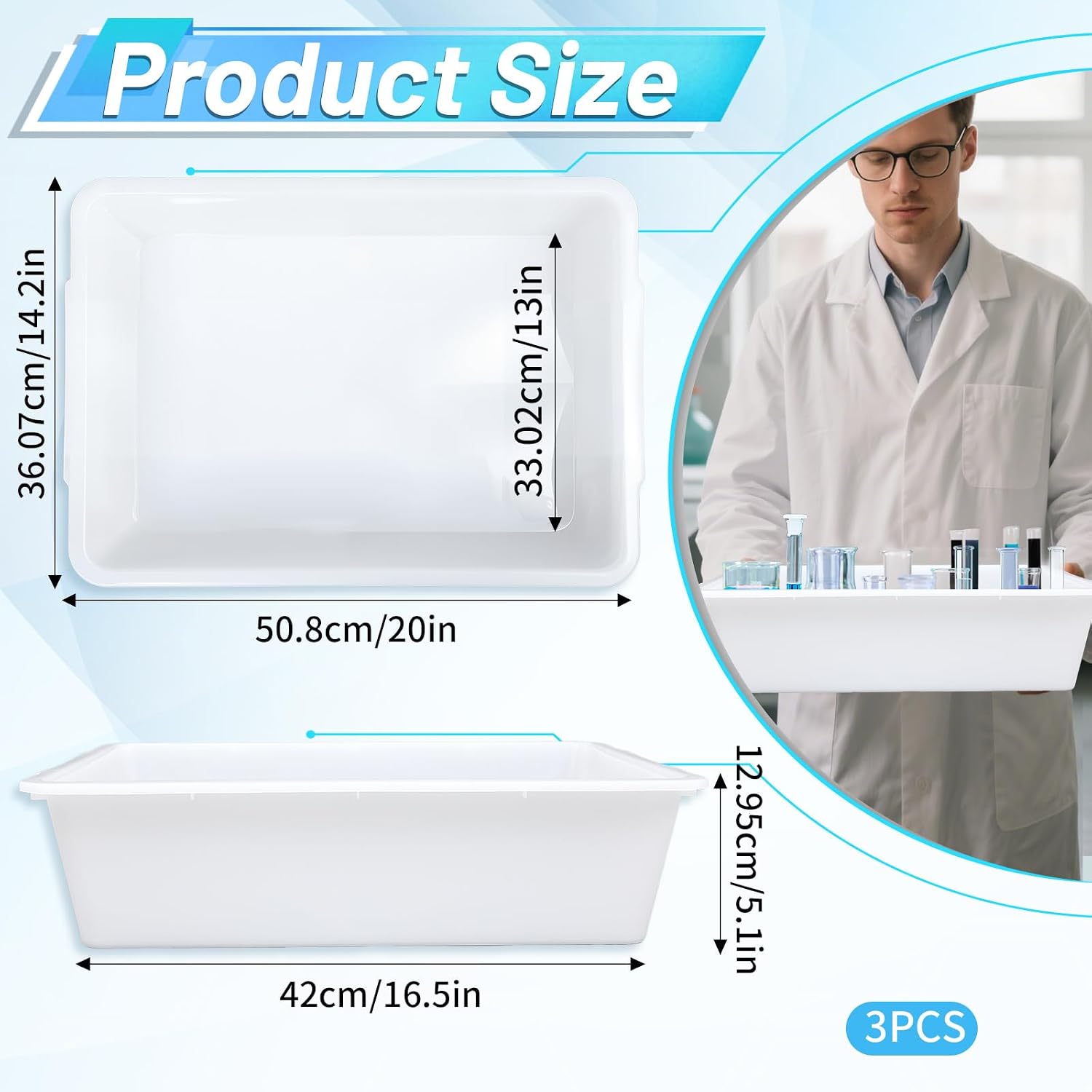 Remerry 3 Pack Polypropylene Containment Tray 20 L x 14 W x 5 H Rectangular Lab Tray for Sterilizing and Drying Laboratory Supplies, Durable and Temperature Resistant Plastic