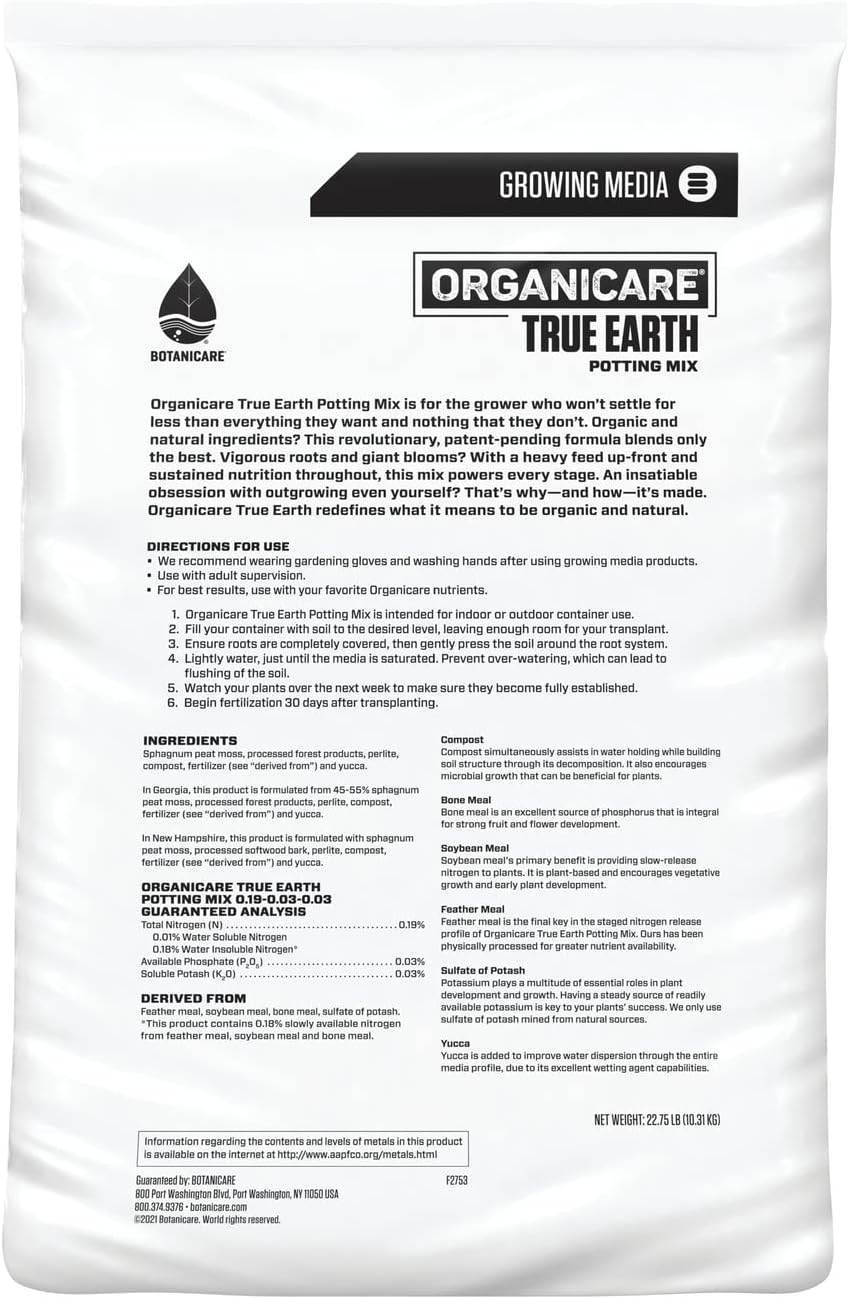 Botanicare Organicare True Earth Potting Mix, Organic Potting Soil, Indoor and Outdoor Containers, 22.75 lbs., 1.75 cu. ft.