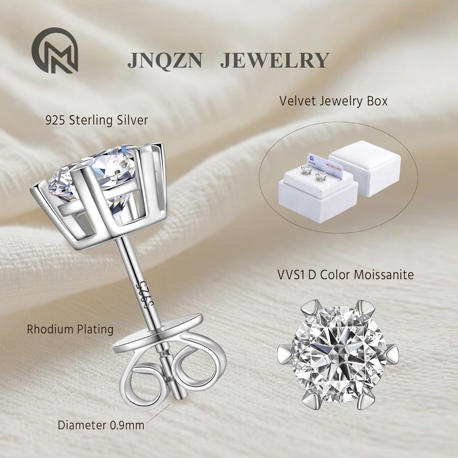 Moissanite Earrings, Rhodium Plated 925 Sterling Silver, Round Cut Lab Created Moissanite Diamond Stud Earrings for Women Men, Hypoallergenic Jewelry Gifts