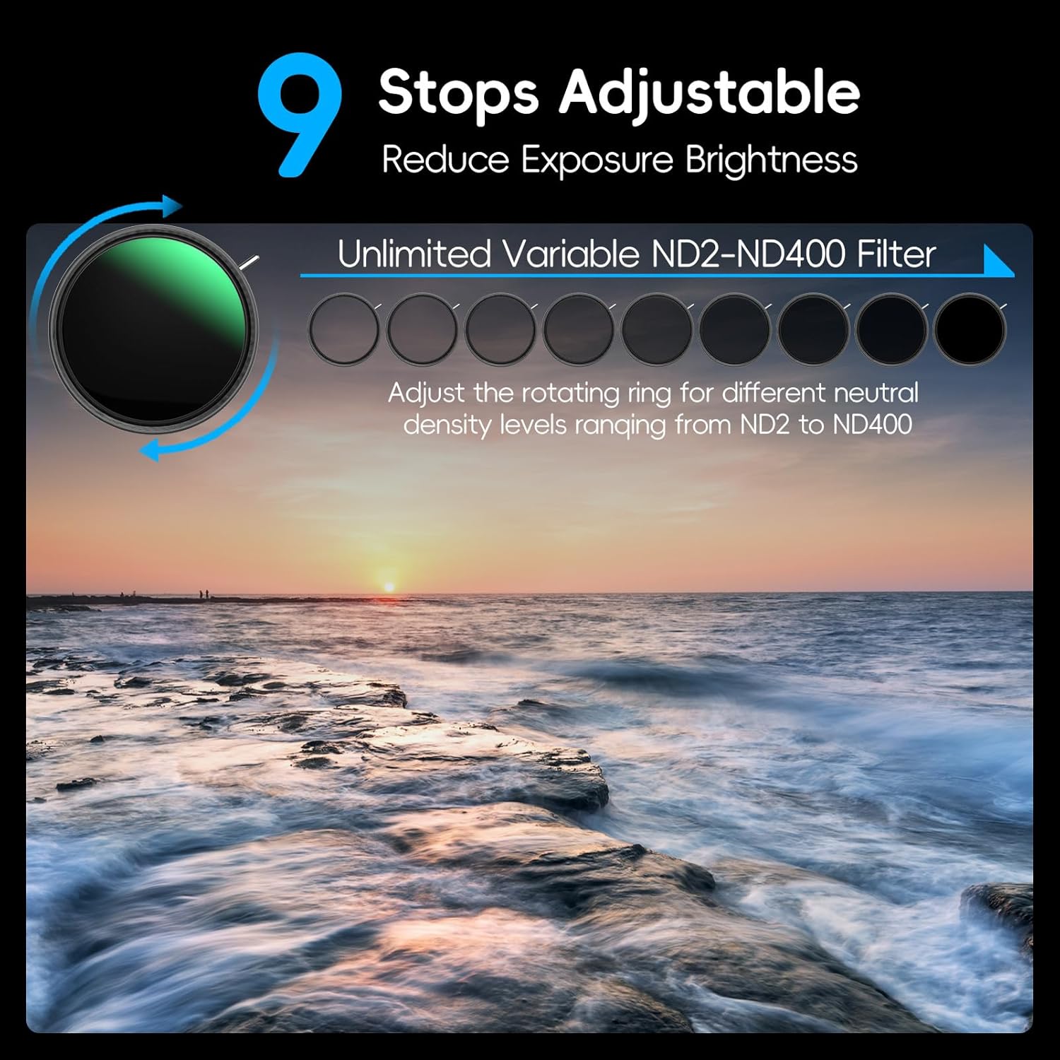 Artman 77mm Variable ND2-ND400 ND Lens Filter (1-9 Stops) 36 Multi-Layer Coatings Import B270 Glass Adjustable Neutral Density Filter for Camera Lens (Luma X Series)