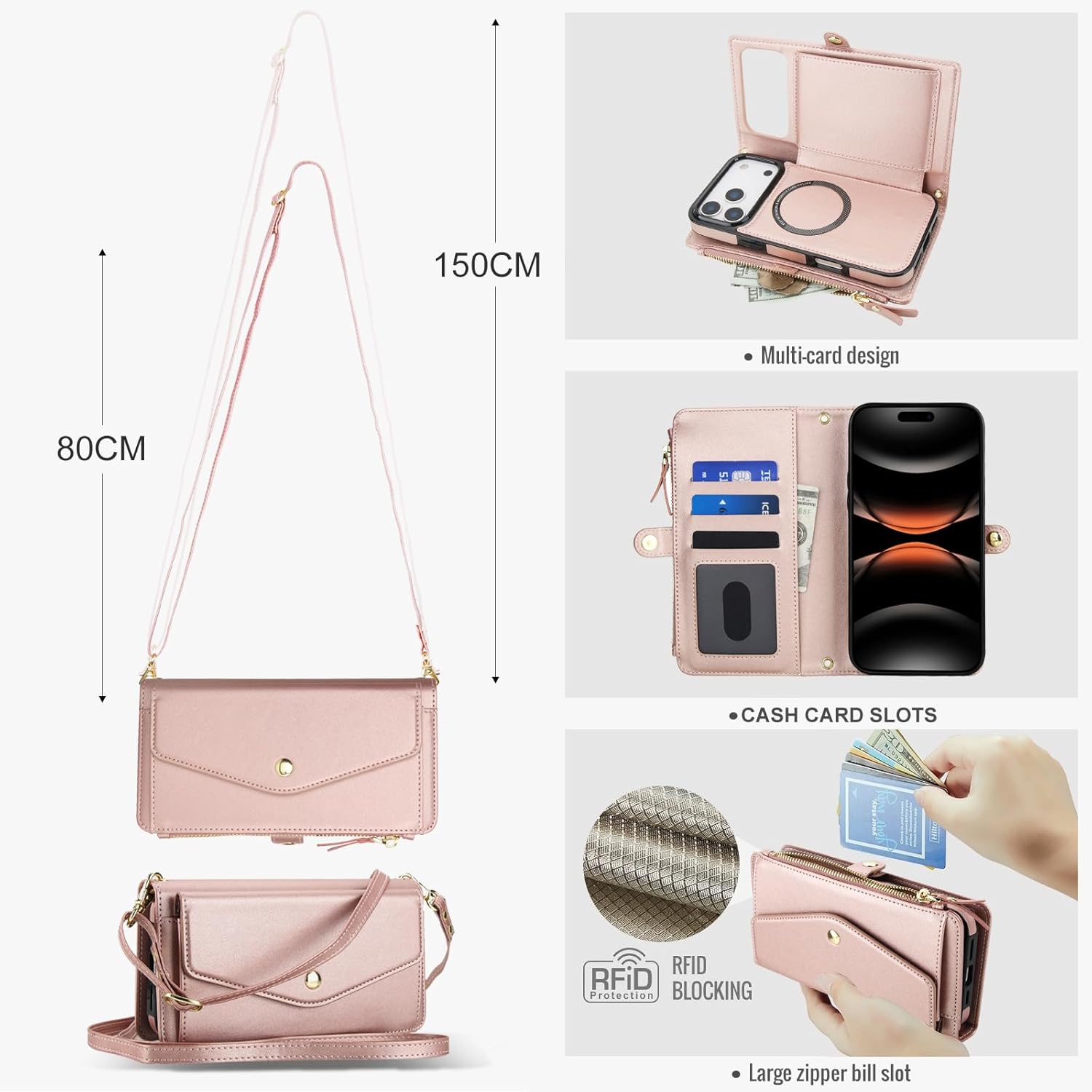 Phone Case for iPhone 17 Pro 6.3 inch 2025 Wallet Cover Compatible with Magsafe RFID Screen Protector Crossbody Lanyard Strap Flip Card Holder Slot Zipper Cell Purse i Phone17 i17 17Pro Rose Gold