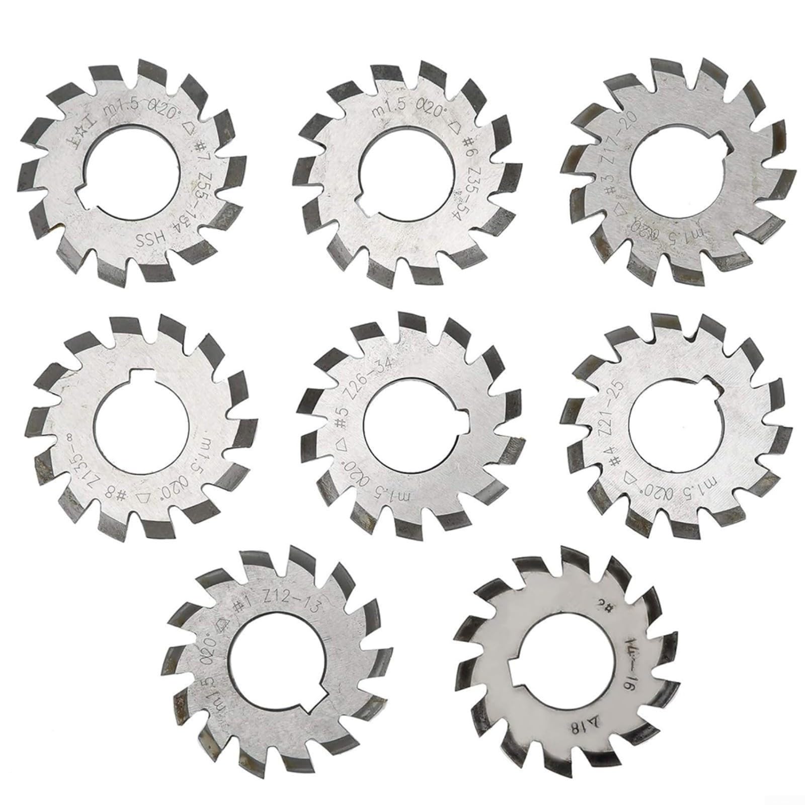 Juego de fresado de engranaje espiral M15 HSS 20 grados ángulo de presión de 22 mm de diámetro, para módulo de corte de engranajes cónicos 15 números 1-8