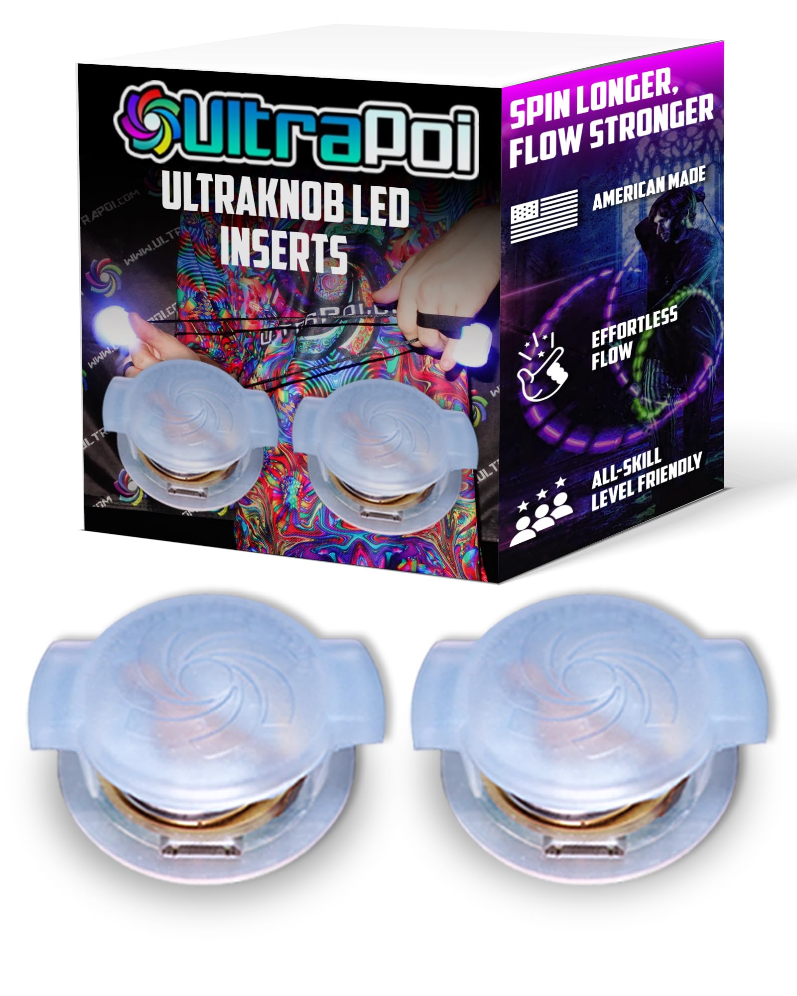 Ultraknob LED Inserts (Pair (2)) - Rechargeable Inserts for Upgrading UltraGrips - Over 30 Bright Rainbow Strobe Patterns for Raves, Concerts, LED Poi, Flow Arts, & Light Spinning
