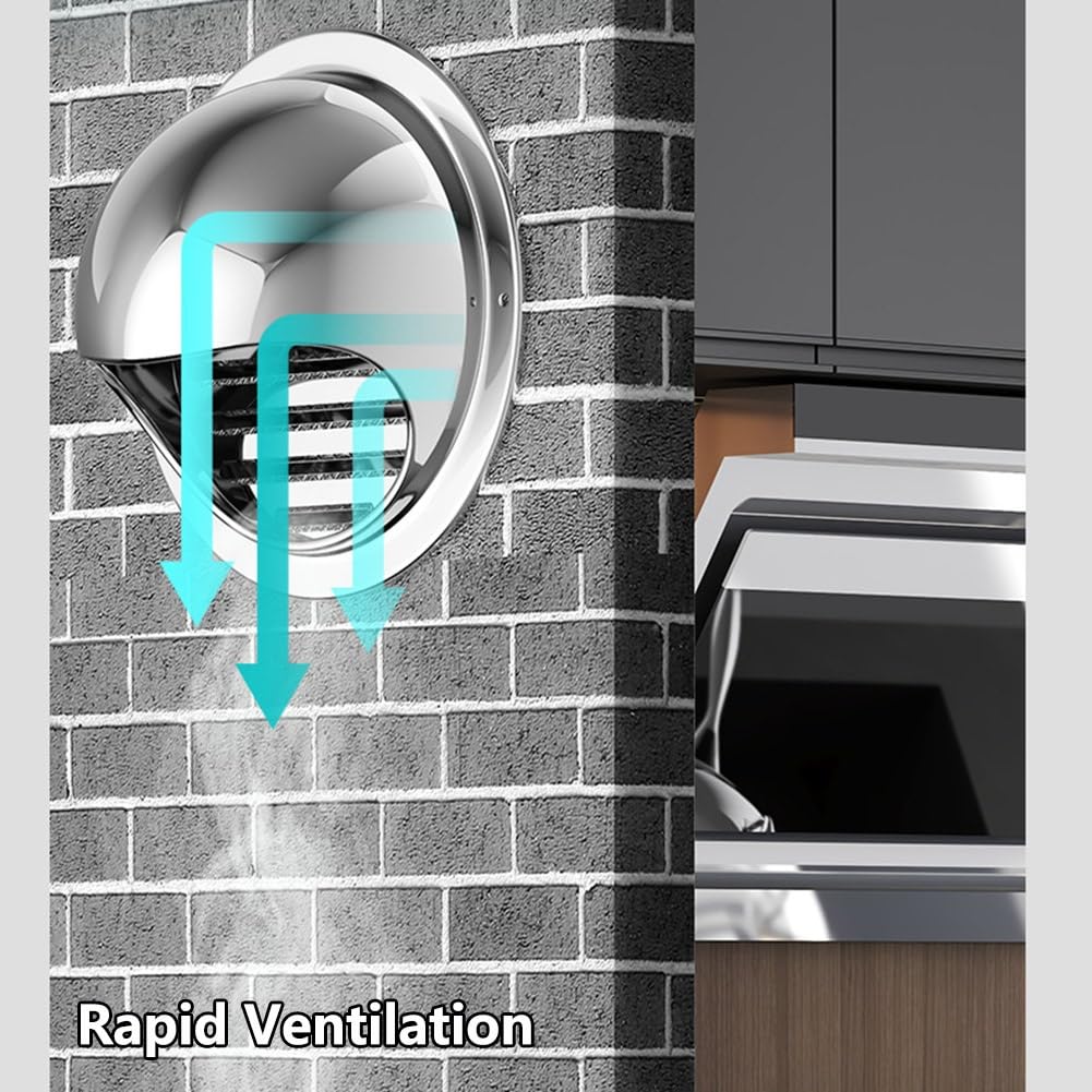Cubierta de Ventilación de Acero Inoxidable de 80-200 mm con Persiana y Rejilla Metálica, Redonda, Rejilla de Ventilación, Tornillos, Bridas, Para Hogar, Oficina Y Almacén(190mm/7.5in)