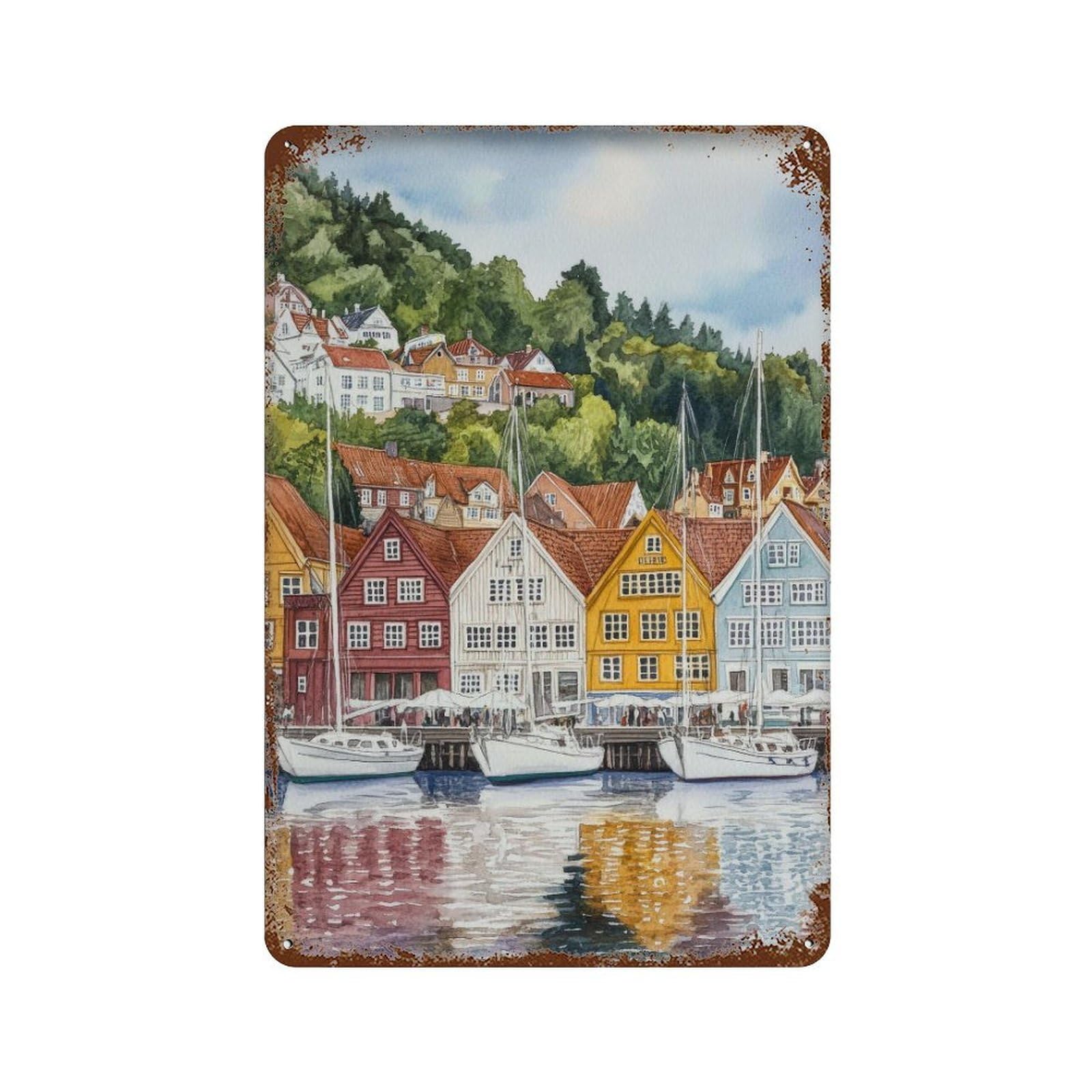 xiaoxiaoshen Bergen Norway Norwegian City Scenic Harbor Landscape Wall Decor Art Metal Tin Poster Modern Home Decor Art Home Bar Shop Decorations Vintage Sign 30x20cm
