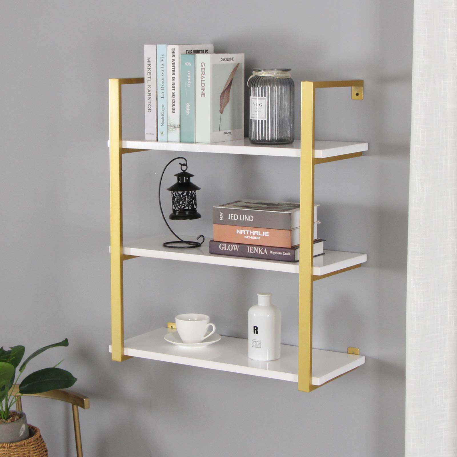 SSS Furniture 3-Tier Modern Rustic Floating Wall Shelves, 24 Inch Industrial Shelving Iron Wall Shelves ,White and Gold Farmhouse Wall Bookshelf Mounted for Bedrooms Office