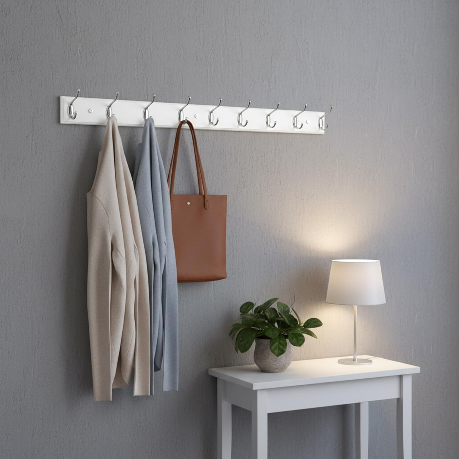 Perchero de pared de madera con 8 ganchos, 80cm, fuerte perchero para abrigo, sombrero, bolso, perchero grande y moderno para la entrada, pasillo, dormitorio, color blanco