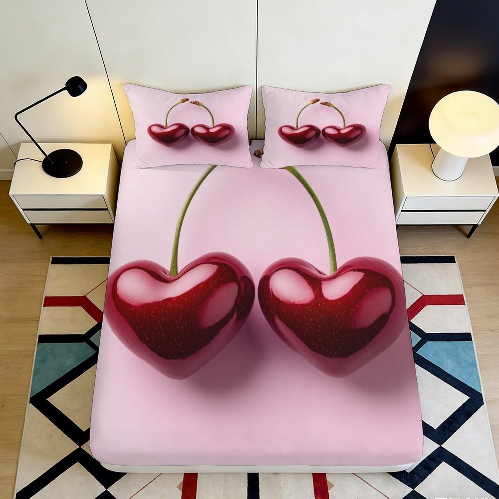 3D Printed Cherry Heart Fitted Sheet Microfiber Soft Breathable Romantic Fruit Bed Cover for Bedroom Dormitory Guest Room Mattress Protection 160x200x25cm