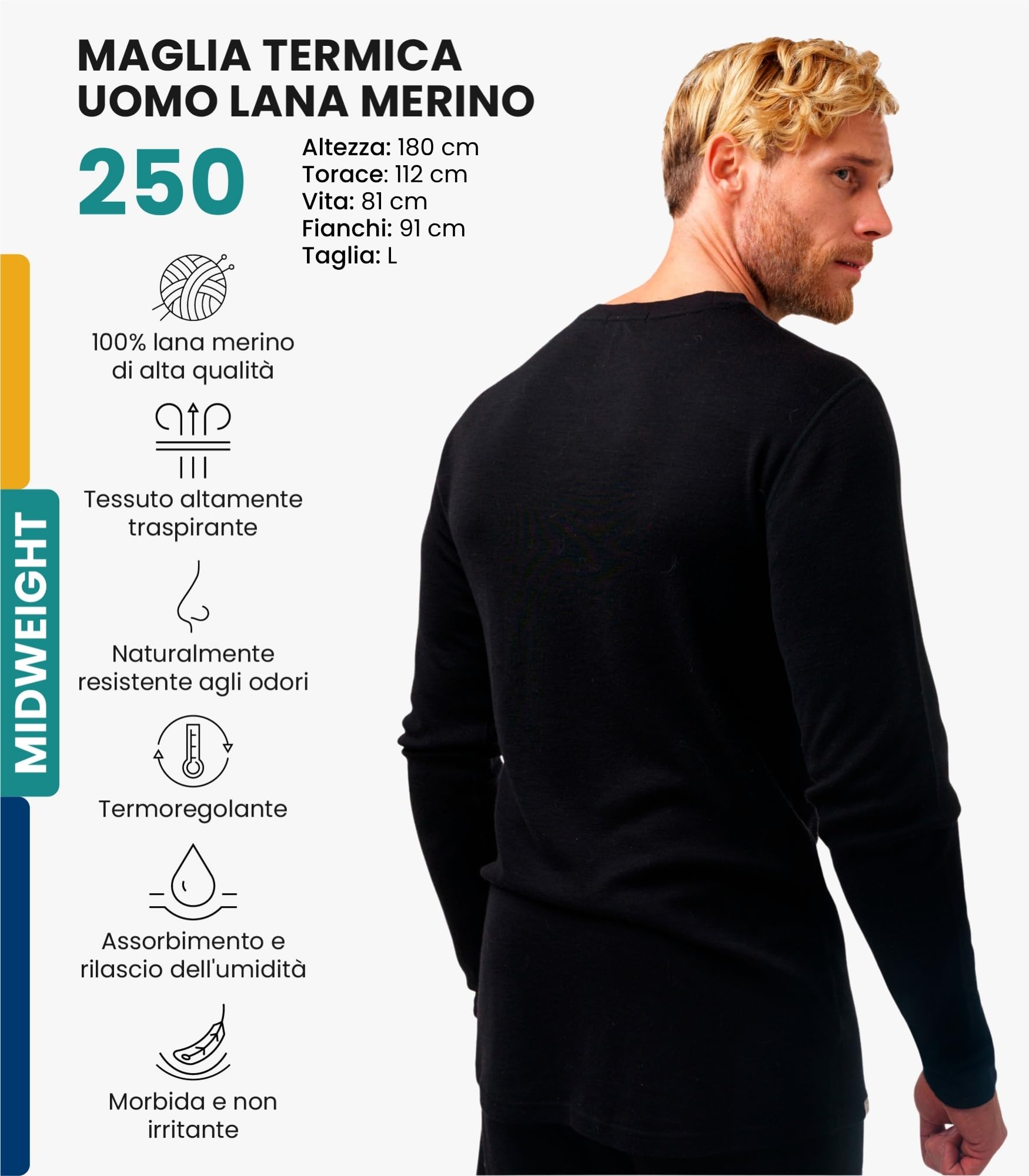 Merino.tech Maglia Termica Lana Merino Uomo - 100% Intimo Termico Lana Merino Uomo Leggero, Medio, Pesante con Calzini