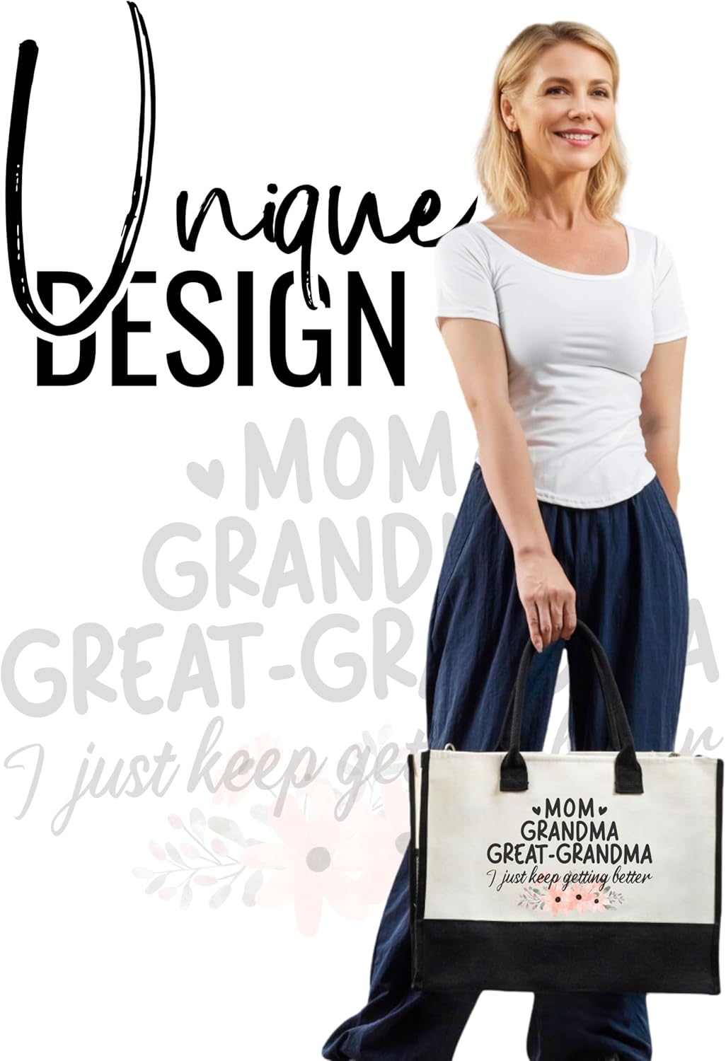 InnoBeta Great Grandma Gifts Canvas Tote Bag, with Top Zipper Closure and Shoulder Strap, Gifts for Great Grandma on Mothers'Day, Birthday, Christmas, I just keep getting better