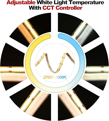 Miniatura 3 de FCOB COB CCT - Tira de luces LED de 16.4 pies, 608 LEDsm, sintonizable, 2700K-6500K, CRI 90+, luz LED regulable, cinta flexible para decoración de
