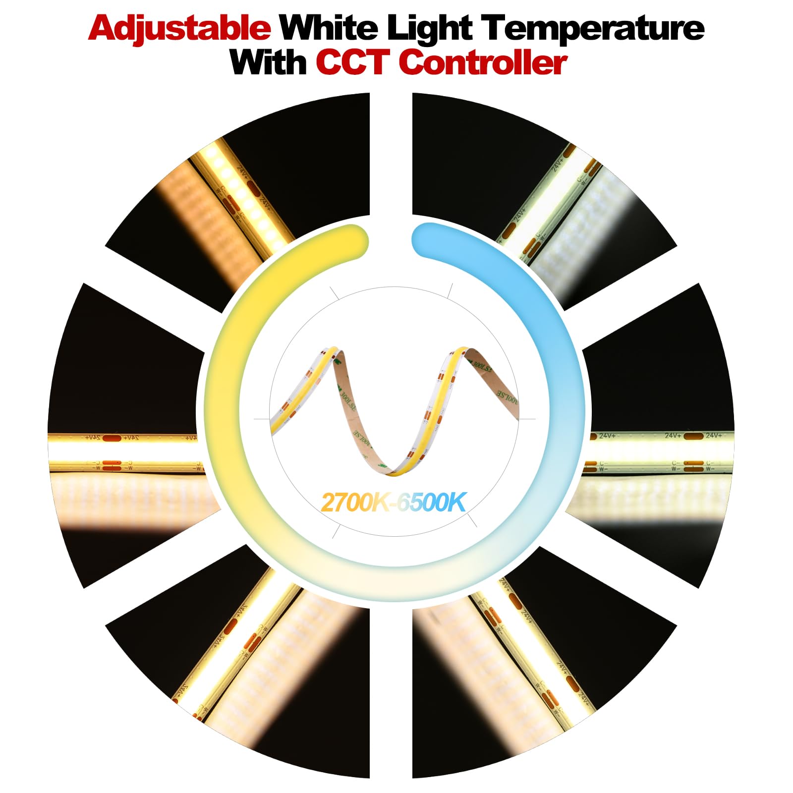 TUNICHX COB CCT LED Strip Light 16.4FT - Tunable White 2700K-6500K, High Density, Dimmable, CRI 90+