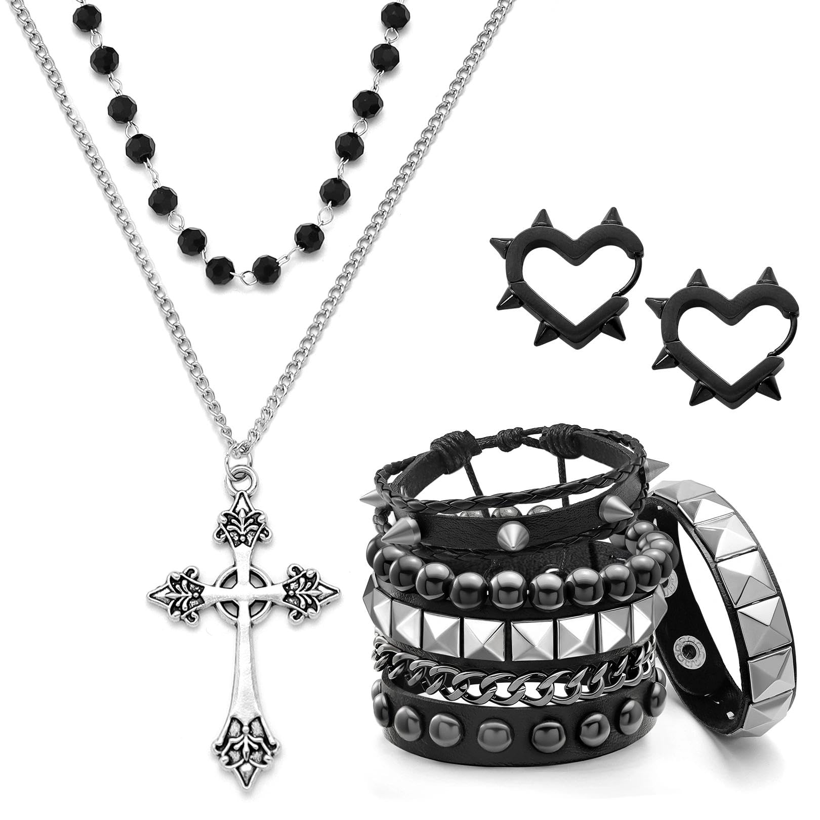 6 Pcs Punk Studded Bracelets Grunge Gothic Necklace Earrings Jewelry Set 80s Alt PU Emo Bracelets Goth Heart Chain Choker Layered Cross Necklace Y2K Spike Heart Earrings for Women Men Cross,Black 6pcs