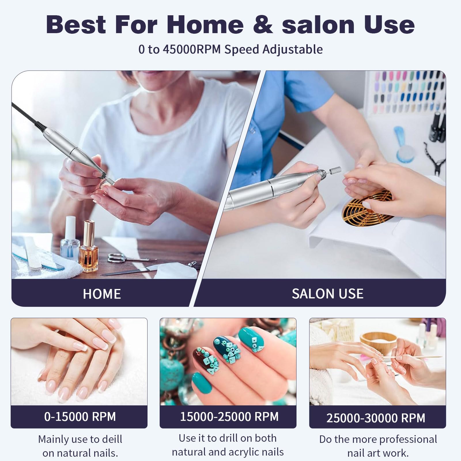 FRUJCDKI Electric Nail Drill Kit, Portable Rechargeable Nail Drill, 45000 RPM for Acrylic Nails, Gel Nails, Manicure Pedicure Polishing Shape Tools (White)