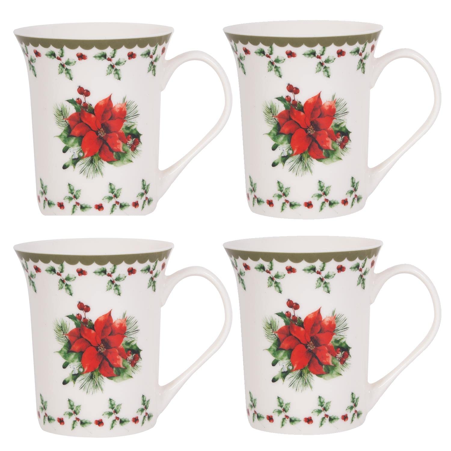Harvey & Mason Set Of 4 Mugs Holly Range Porcelain Festive Christmas Dinner Tea Coffee Cups