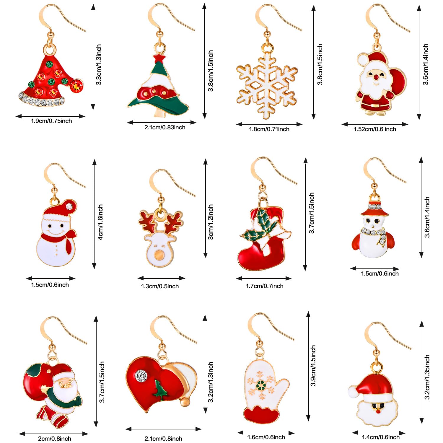 12 Paires Boucles d'Oreilles Pendantes de Noël - Ensemble de Bijoux Stud pour Femmes, Filles, Enfants - Goutte, Bonhomme de Neige, Flocon (Ensemble de Style 1)